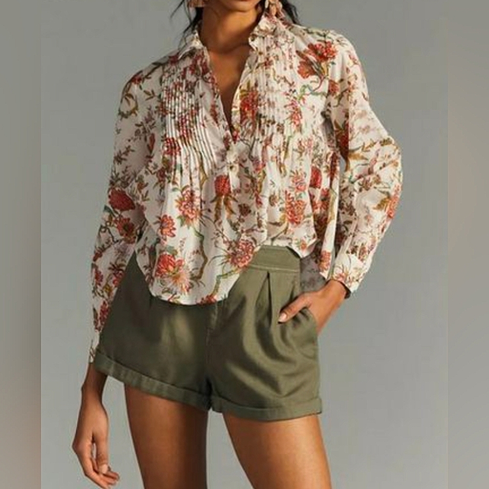 Anthropologie Pilcro Floral Bird Long Sleeve Size Small Cotton Blend - Picture 2 of 10